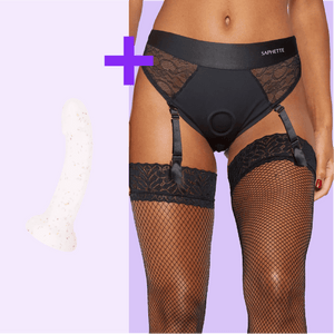 Lace Garter Strap-On Brief + Dildo Set — Black Lace Harness with Optional Toy - SAPHETTE