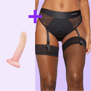 Lace Garter Strap-On Brief + Dildo Set — Black Lace Harness with Optional Toy - SAPHETTE