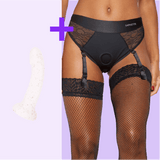 Lace Garter Strap-On Brief + Dildo Set — Black Lace Harness with Optional Toy - SAPHETTE