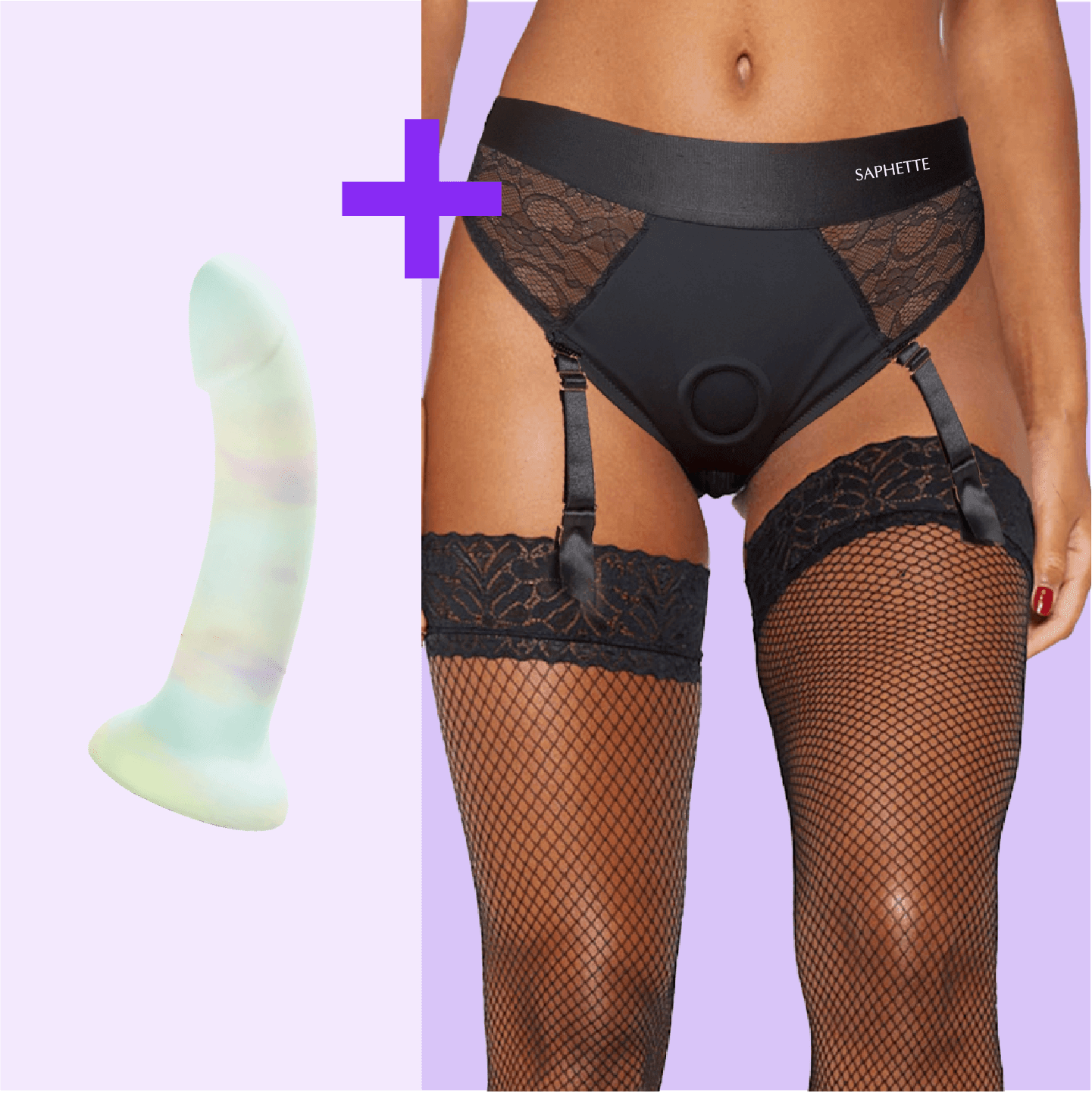 Lace Garter Strap-On Brief + Dildo Set — Black Lace Harness with Optional Toy - SAPHETTE