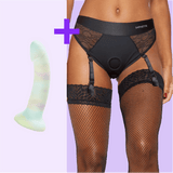 Lace Garter Strap-On Brief + Dildo Set — Black Lace Harness with Optional Toy - SAPHETTE