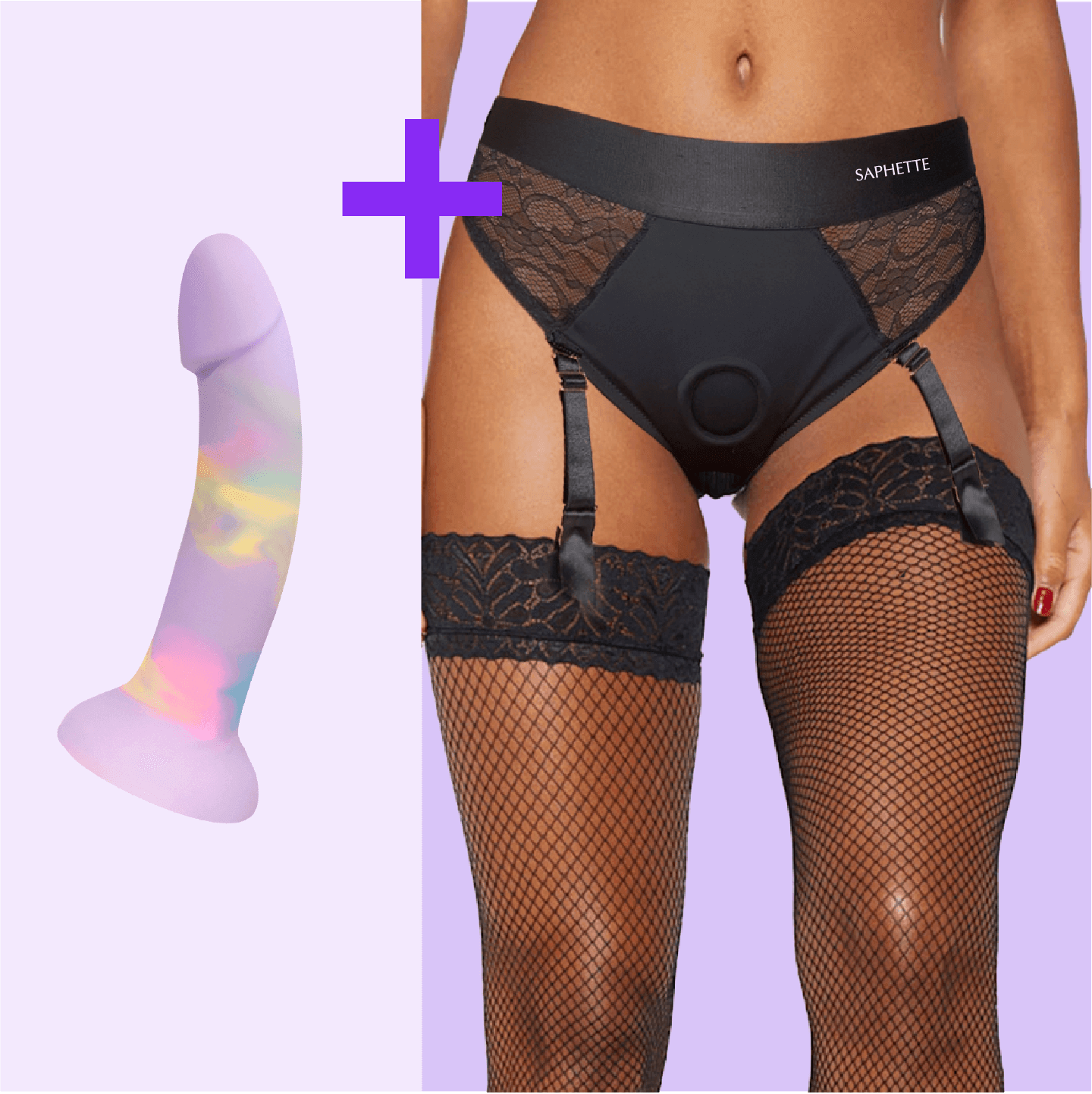 Lace Garter Strap-On Brief + Dildo Set — Black Lace Harness with Optional Toy - SAPHETTE