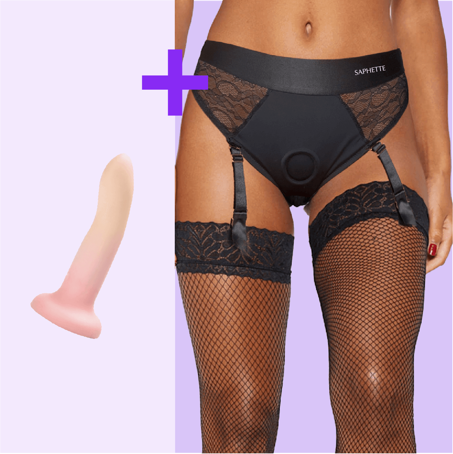 Lace Garter Strap-On Brief + Dildo Set — Black Lace Harness with Optional Toy - SAPHETTE